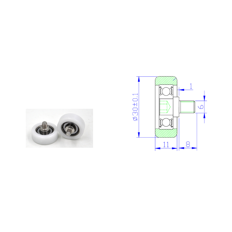 30MM BS60830-11C1L8M6 White plastic nylon Flat pulley wheels rollers with 608 bearing screw M6 drawing.jpg
